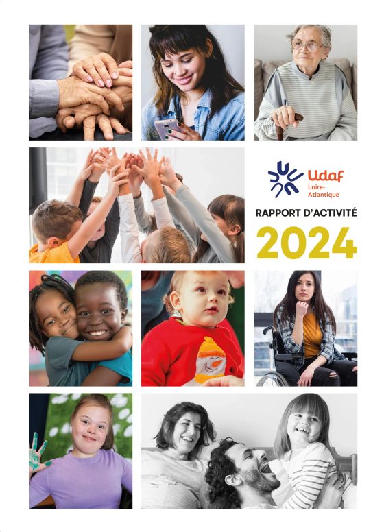 Page de couverture du rapport d'activité 2024. Il y figure des familles, des enfants et des personnes âgées.